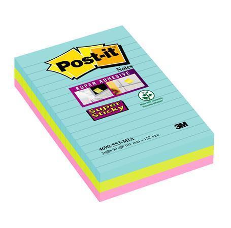 Samolepicí bloček "Super Sticky Miami", mix barev, 101 x 152 mm, 3x 90 listů, linkovaný, 3M POSTIT 7