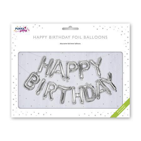 Balónek "Happy Birthday", stříbrná, 40 cm, PUKKA PAD PTY066