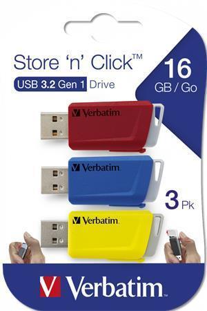 USB flash disk "Store n Click", červená, modrá, žlutá, 3 ks x 16GB, USB 3.2, 80/25MB/sec, VERBATIM 4