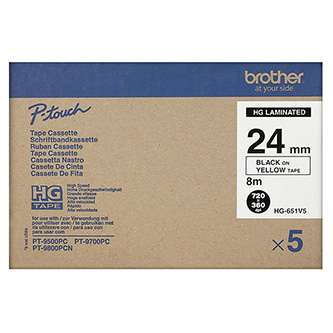 Brother originální páska do tiskárny štítků, Brother, HGE-651, černý tisk/žlutý podklad, 8m, 24mm, 5 ks v balení, cena za balení