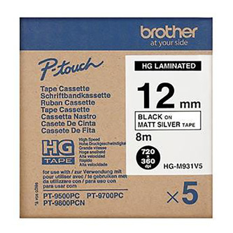 Brother originální páska do tiskárny štítků, Brother, HGE-M931, černý tisk/stříbrný matný podklad, 8m, 12mm, 5 ks v balení, cena z