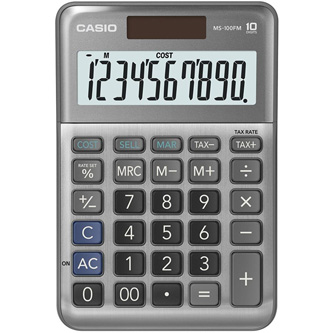 Casio Kalkulačka MS 100 FM, stříbrná, stolní s převodem měn, výpočtem marže, DPH, %