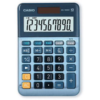 Casio kalkulačka MS 100 EM, modrá, stolní s převodem měn, výpočtem DPH