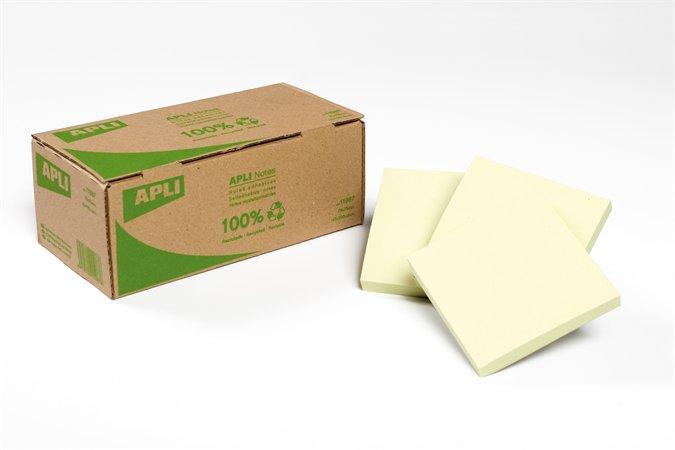 Samolepicí bloček "CLASSIC RECYCLED", žlutá, 75 x 75 mm, 12x 100 listů, recyklovaný, APLI 11987