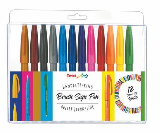 Štětcová pera "Brush Sign", sada 12 barev, PENTEL SES15-12