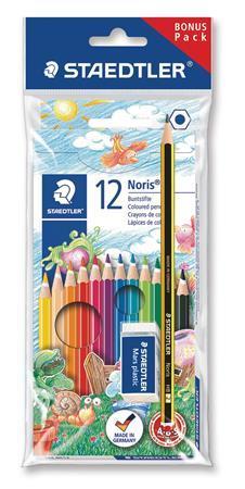 Barevné pastelky "Noris Club" sada+grafitová tužka a pryž, 12 různých barev, šestihranné, STAEDTLER