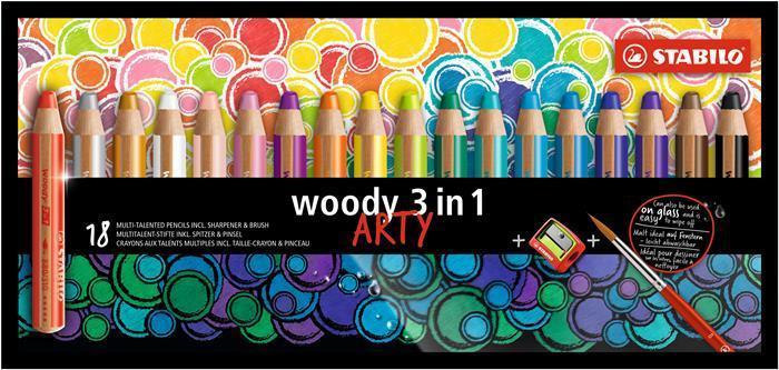 Barevné tužky "Woody ARTY 3 in 1", 18 různých barev, kulatá, silná, STABILO