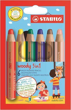 Barevné pastelky "Woody", 6 barev, maxi, 3v1 – pastelky, vodovka, voskovka, STABILO