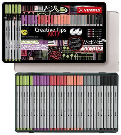 Linery "Creative Tips ARTY", sada, 6 barev, 5 šířek stopy, plechová krabička, STABILO 89/30-6-2-20