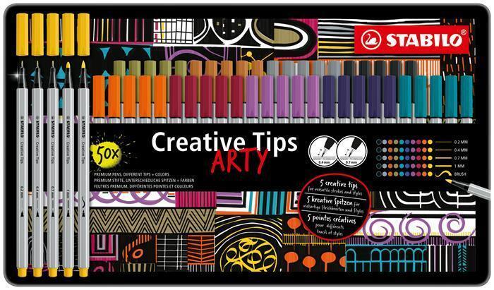 Linery "Creative Tips ARTY", sada, 10 barev, 5 šířek stopy, plechová krabička, STABILO 89/50-6-20