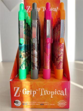Kuličkové pero "Z-Grip Tropical", modrá, 4 vzory, displej/20 ks, 0,27 mm, stiskací mechanismus, ZEBR