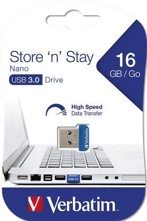 USB flash disk "NANO STORE ´N´ STAY", 16GB, USB 3.0, 80/25MB/sec, VERBATIM 