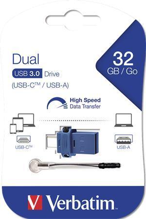 32GB USB Flash 3.0 + USB-C adaptér, VERBATIM "DUAL"