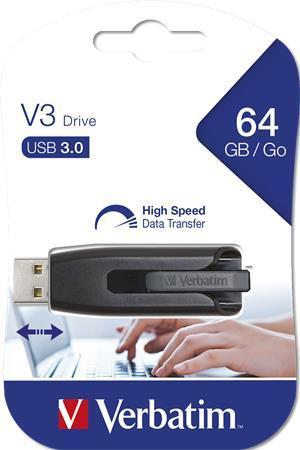 USB flash disk "V3", černá-šedá, 64GB, USB 3.0, 60/12MB/sec, VERBATIM