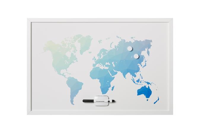 Magnetická tabule "World Map", bílá, s rámem, 60x40 cm, VICTORIA