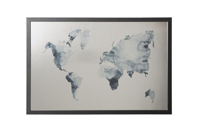 Magnetická tabule "World Map", stříbrná, s černým rámem, 60x40 cm, VICTORIA