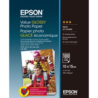 Epson Value Glossy Photo Paper, foto papír, lesklý, bílý, 10x15cm, 183 g/m2, 100 ks, C13S400039, inkoustový
