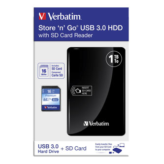 Verbatim externí pevný disk s vbudovanou čtečkou paměťových karet, Store,n,Go, 2.5&quot;, USB 3.0, 1TB, 53421, černý, + SD karta 16 GB