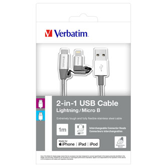 Kabel USB (2.0), USB A M- USB micro M, 1m, stříbrný, Verbatim, box, 48869, nastavitelná koncovka Lightning