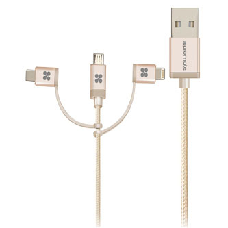 Kabel USB (2.0), USB A M- Lightning M + USB C M + MicroUSB M, 1.2m, kulatý, zlatý, Promate, Opletený, Trio
