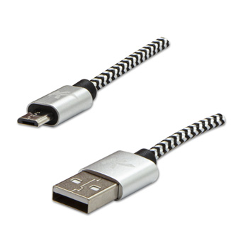 Kabel USB (2.0), USB A M- USB micro B M, 2m, 480 Mb/s, 5V/1A, stříbrný, Logo, box, nylonové opletení, hliníkový kryt konektoru