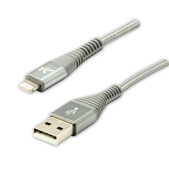 Kabel USB (2.0), USB A M- Apple Lightning M, 1m, MFi certifikace, 5V/2,4A, stříbrný, Logo, box, nylonové opletení, hliníkový kryt 
