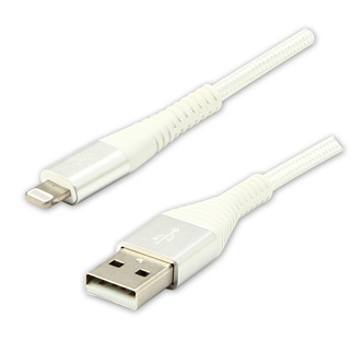 Kabel USB (2.0), USB A M- Apple Lightning M, 1m, MFi certifikace, 5V/2,4A, bílý, Logo, box, nylonové opletení, hliníkový kryt kone