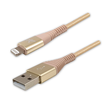 Kabel USB (2.0), USB A M- Apple Lightning M, 1m, MFi certifikace, 5V/2,4A, zlatý, Logo, box, nylonové opletení, hliníkový kryt kon