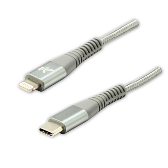 Kabel USB (2.0), USB C M- Apple Lightning M, 1m, MFi certifikace, 5V/3A, stříbrný, Logo, box, nylonové opletení, hliníkový kryt ko