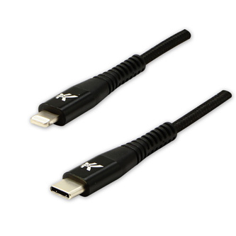 Kabel USB (2.0), USB C M- Apple Lightning M, 1m, MFi certifikace, 5V/3A, černý, Logo, box, nylonové opletení, hliníkový kryt konek