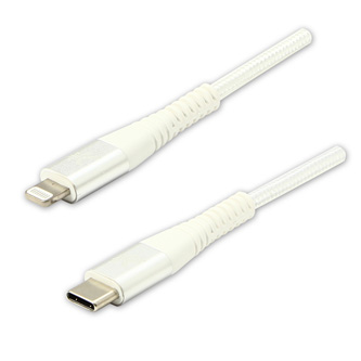 Kabel USB (2.0), USB C M- Apple Lightning M, 1m, MFi certifikace, 5V/3A, bílý, Logo, box, nylonové opletení, hliníkový kryt konekt