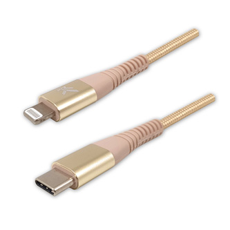 Kabel USB (2.0), USB C M- Apple Lightning M, 1m, MFi certifikace, 5V/3A, zlatý, Logo, box, nylonové opletení, hliníkový kryt konek