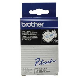 Brother originální páska do tiskárny štítků, Brother, TC-203, modrý tisk/bílý podklad, laminovaná, 7.7m, 12mm