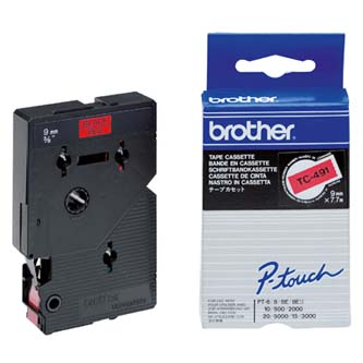 Brother originální páska do tiskárny štítků, Brother, TC-491, černý tisk/červený podklad, laminovaná, 7.7m, 9mm