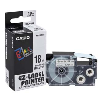 Casio originální páska do tiskárny štítků, Casio, XR-18SR1, černý tisk/stříbrný podklad, 18mm