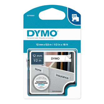 Dymo originální páska do tiskárny štítků, Dymo, 16959, S0718060, černý tisk/bílý podklad, 5.5m, 12mm, D1, speciální - permanentní