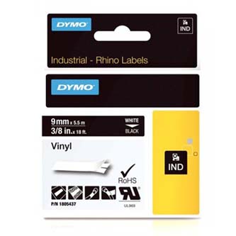 Dymo originální páska do tiskárny štítků, Dymo, 1805437, bílý tisk/černý podklad, 5,5m, 9mm, RHINO vinylová profi D1